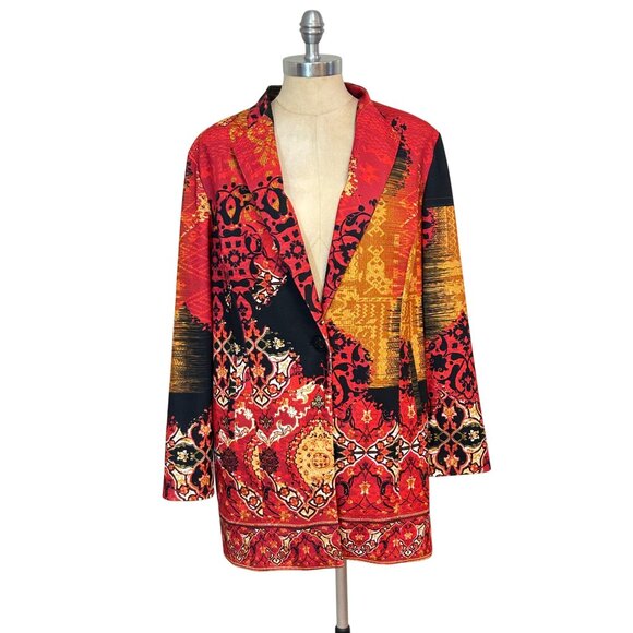 Chicos Blazer Womens Red Multi Printed Statement Jacket Size 2 US Large - Picture 1 of 5